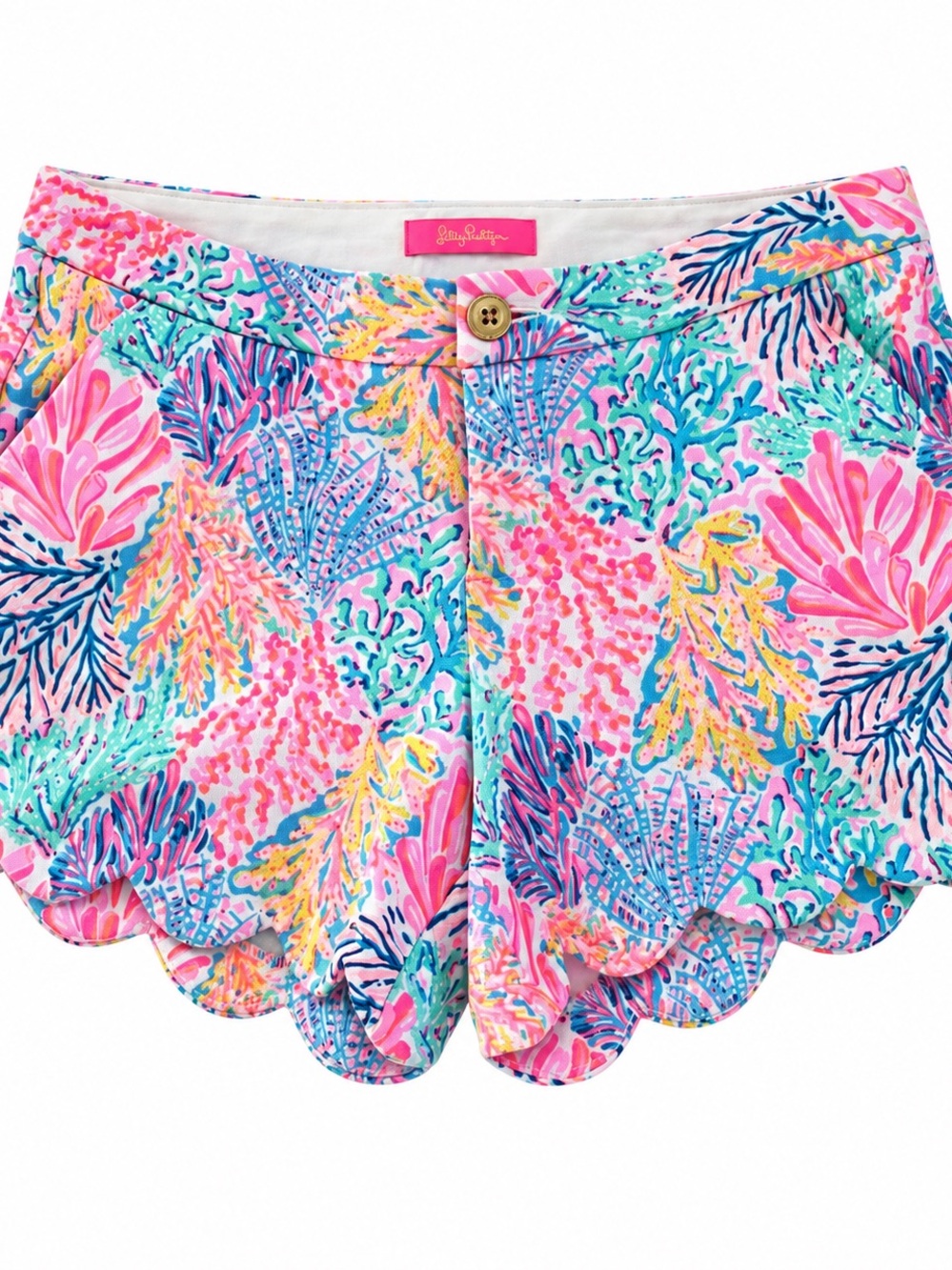 Lilly Pulitzer Scalloped Hem Tropical Print Shorts Size 8 Pink Aqua